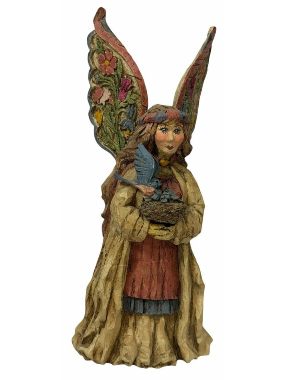 HAND SIGNED Vintage 1986 Kathy Killip Angel Figurine Carved Style Rustic Birds